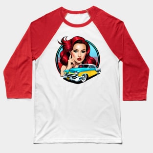 80s motor race party design with fashion girl and retro car on red rays Baseball T-Shirt